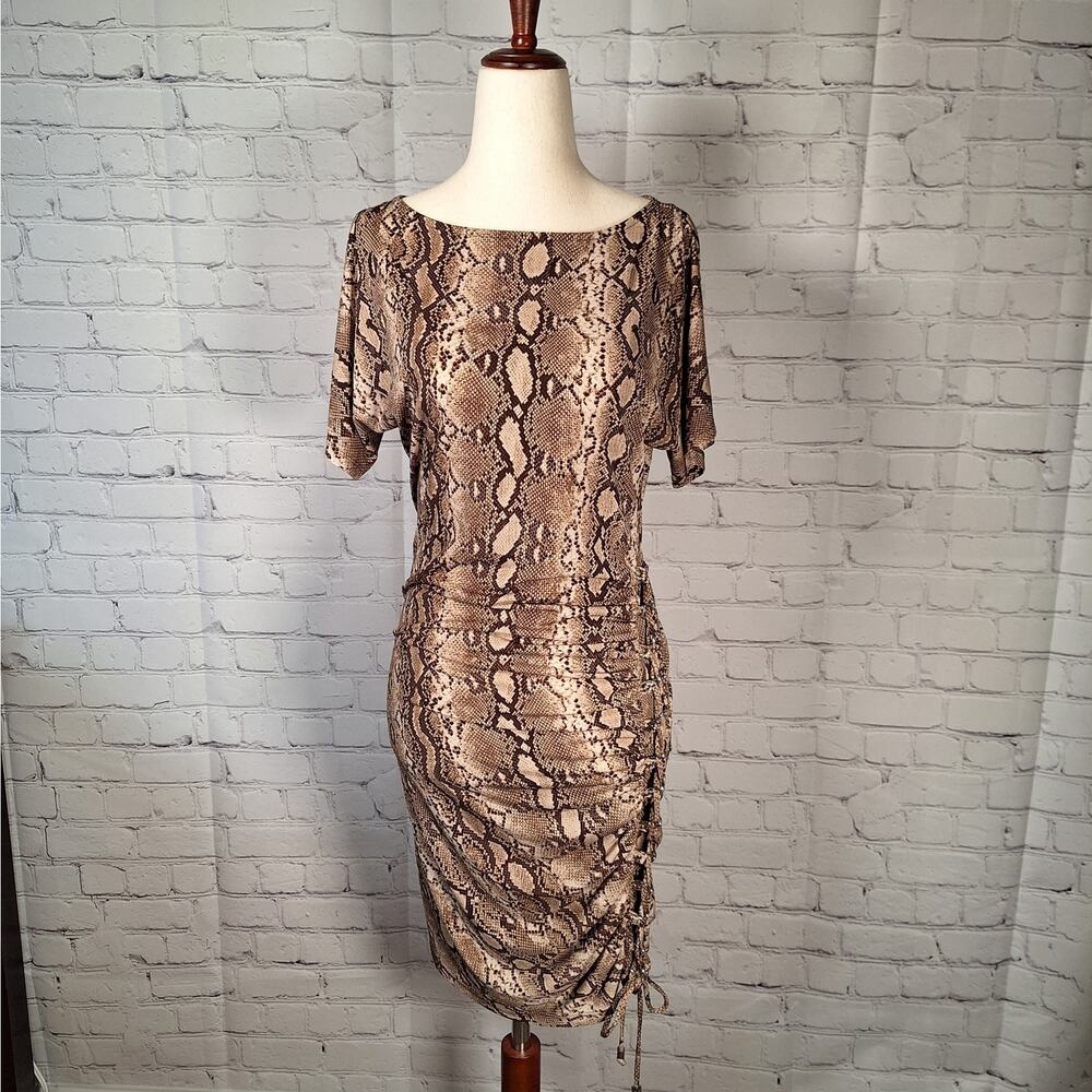 NWT $140 Michael Kors Brown & Tan Snake Print Dress with Side Ruching, Small